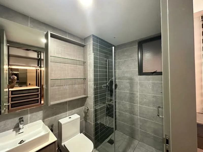 Bathroom features: grey ceramic tile flooring, grey tile walls, glass shower enclosure, rain shower head, handheld shower, single-sink vanity with wood cabinet, chrome basin mixer, one-piece toilet, framed mirror, open shelving, recessed lighting; style: modern.