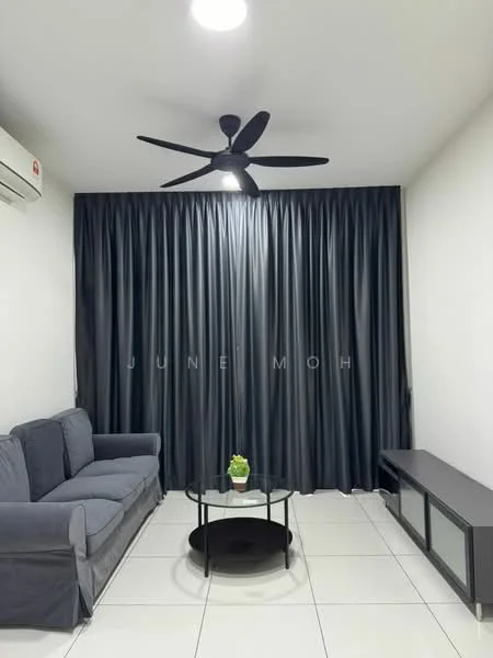 Living features: 3-seater fabric sofa in grey, black coffee table, TV console, floor-to-ceiling curtains in black, white painted walls, polished tile flooring, ceiling fan with 5 blades, wall-mounted split AC; style: modern.