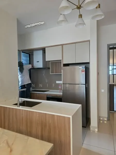Kitchen features: white quartz countertop, stainless-steel single-bowl sink, chrome pull-down faucet, built-in cabinetry with wood finish, stainless-steel fridge, built-in oven, ceramic tile flooring, recessed downlights, pendant light fixture, open shelving, window with view, kitchen island with storage; style: modern.