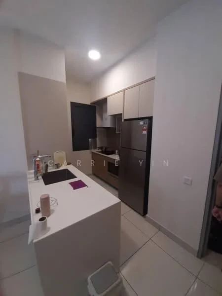 Kitchen features: white cabinetry, black countertop, stainless-steel fridge, built-in oven, ceramic cooktop, single-bowl stainless-steel sink, chrome pull-down faucet, tile flooring, recessed downlights, open shelving, wall-mounted cabinets, modern design; style: modern.