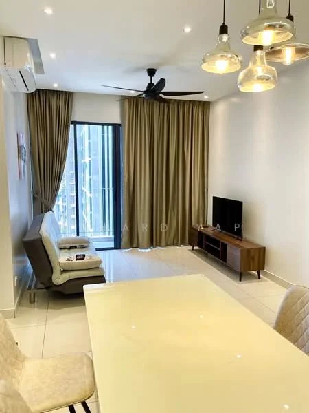 Living features: 3-seater fabric sofa in light grey, 2-seater armchair in cream, coffee table, TV console, wall-mounted TV, floor-to-ceiling windows, sheer curtains, 5-blade ceiling fan with light, recessed downlights, white painted walls, tile flooring; style: modern; view: city. Dining features: 6-seater dining table, upholstered dining chairs, pendant lighting, decorative wall art; style: modern.