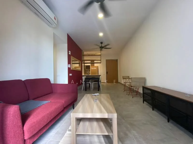 Living features: red fabric sofa, wood coffee table, TV console, wall-mounted TV, ceiling fan, wall-mounted split AC, tile flooring, neutral painted walls, decorative wall art, open layout to kitchen, natural light from windows; style: modern.