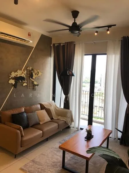 Living features: 3-seater leather sofa in beige, wooden coffee table, area rug with geometric pattern, floor-to-ceiling windows, black pendant lamp, 5-blade ceiling fan with light, curtains in dark brown and sheer white, decorative wall art, wall-mounted air conditioning unit, green houseplant; style: modern; view: city.