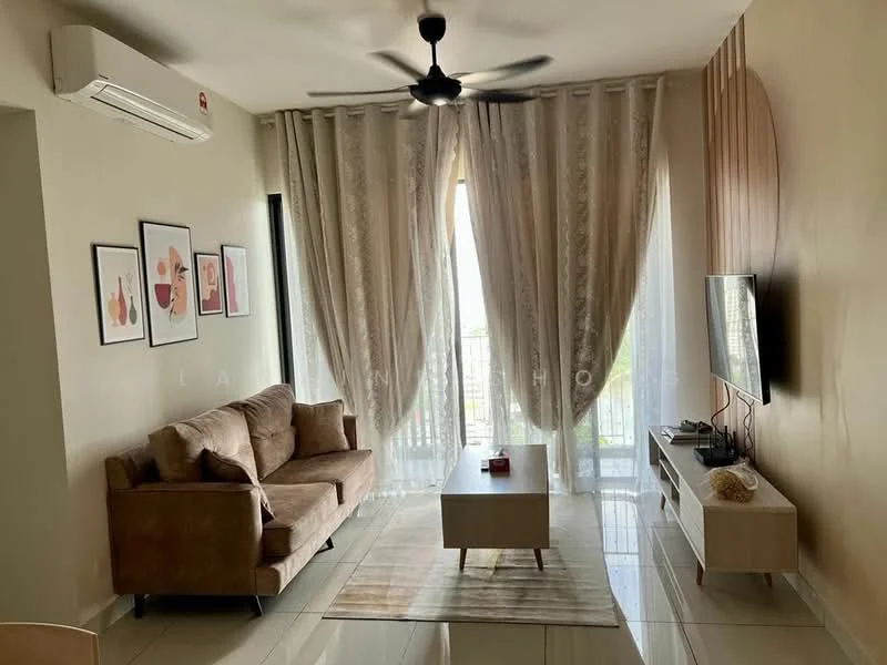 Living features: 3-seater fabric sofa in beige, coffee table, wall-mounted TV, TV console, floor-to-ceiling windows, sheer curtains, ceiling fan, marble tile flooring, decorative wall panel, framed artwork; style: modern; view: city.