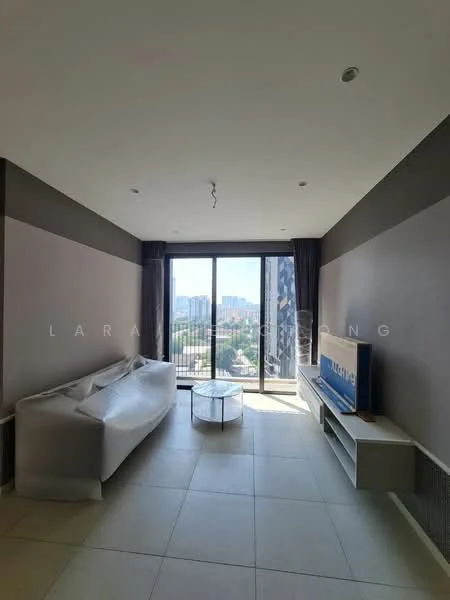 Living features: floor-to-ceiling windows, grey painted walls, white ceiling, recessed downlights, 3-seater fabric sofa in white, glass coffee table, TV console, wall-mounted TV, curtains, tile flooring; style: modern; view: city.