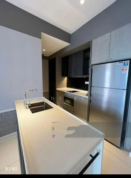 Kitchen features: single-bowl stainless-steel sink, chrome pull-down faucet, white quartz countertop, grey cabinetry, stainless-steel fridge, built-in oven, ceramic tile flooring, recessed LED downlights, grey accent wall, open shelving; style: modern.