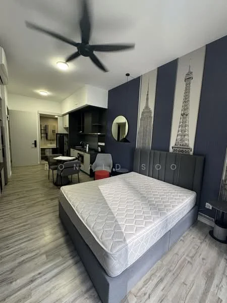 Bedroom features: queen-size bed, upholstered headboard, 5-blade ceiling fan, wooden flooring, wall-mounted mirror, decorative wall with city skyline, grey accent wall, open shelving, built-in wardrobe, floor-to-ceiling windows, recessed lighting; style: modern; view: city. Kitchen features: black cabinetry, stainless-steel fridge, built-in oven, 4-burner gas hob, kitchen island with seating, white countertop, pendant lighting; style: modern.