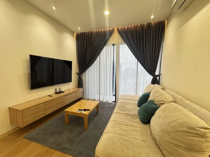 Living features: 3-seater fabric sofa in light beige, 2 decorative cushions in teal, wooden coffee table, TV console in light wood, wall-mounted flat-screen TV, floor-to-ceiling windows with sheer curtains, dark grey curtains, light wood flooring, recessed downlights, air conditioning unit; style: modern; view: city.