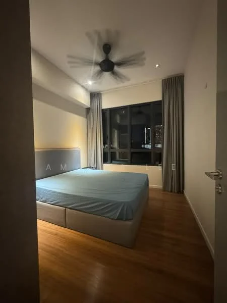 Bedroom features: queen-size bed, upholstered headboard, wooden flooring, 5-blade ceiling fan, floor-to-ceiling windows, sheer curtains, wall-mounted light fixtures, built-in wardrobe; style: modern; view: city.