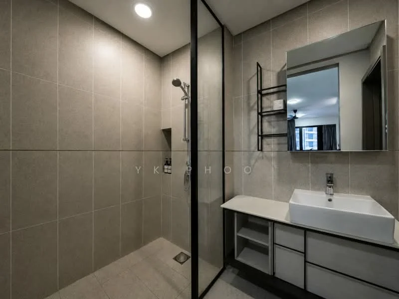 Bathroom features: grey tiled walls, grey tiled flooring, walk-in shower with glass enclosure, rain shower head, single-sink vanity with white countertop, chrome basin mixer, framed mirror, open shelving unit, built-in cabinets, recessed downlights; style: modern.