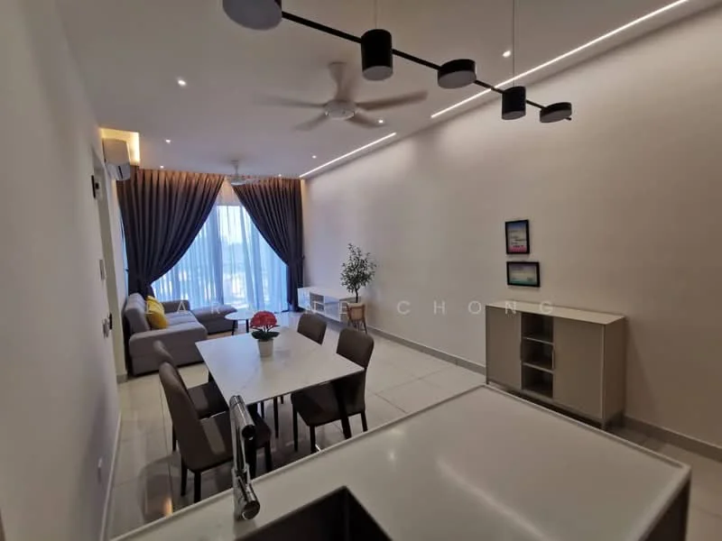 Living features: 5-blade ceiling fan with light, sofa in light grey fabric, coffee table, TV console, wall-mounted TV, area rug, floor-to-ceiling windows, sheer curtains, decorative plant, dining table for 6, white walls, recessed LED downlights; style: modern; view: city.