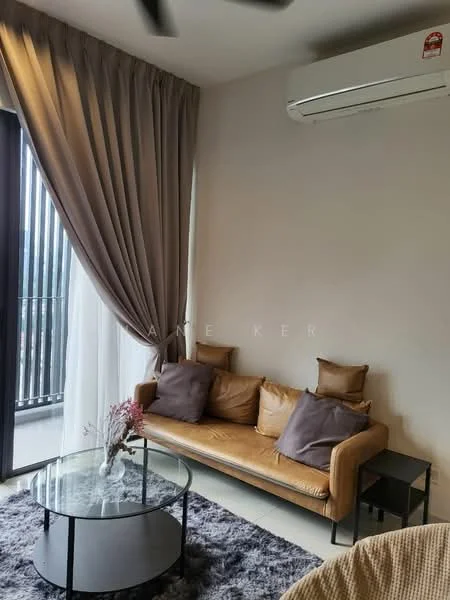 Living features: 3-seater leather sofa in tan, 2 decorative pillows in grey, glass coffee table, area rug with soft texture, floor-to-ceiling windows, sheer curtains, wall-mounted split AC, light-colored walls, recessed downlights, ceiling fan; style: modern; view: city.