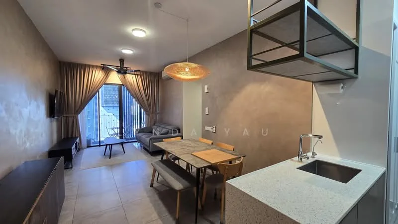 Living features: grey painted walls, tile flooring, 5-blade ceiling fan with light, sofa with cushions, coffee table, TV console, wall-mounted TV, dining table with 4 chairs, pendant light, floor-to-ceiling windows, sheer curtains, balcony access, decorative wall art; style: modern; view: city. Kitchen features: single-bowl stainless-steel sink, chrome pull-down faucet, white quartz countertop, open shelving, built-in cabinetry, stainless-steel appliances; style: modern.