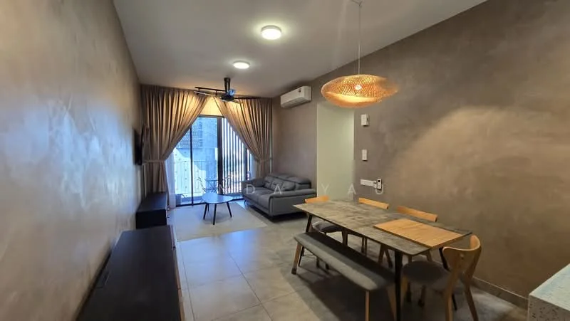 Living features: grey fabric sofa, coffee table, wall-mounted TV, dining table with 6 chairs, pendant light fixture, wall-mounted split AC, floor-to-ceiling windows, sheer curtains, tile flooring, textured wall finish, recessed ceiling lights; style: modern; view: city.