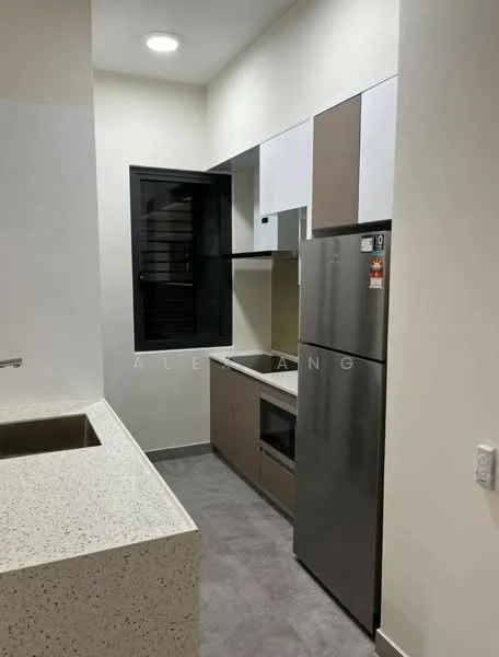 Kitchen features: single-bowl stainless-steel sink, chrome pull-down faucet, granite countertop, white upper cabinets, brown lower cabinets, built-in oven, stainless-steel fridge, grey tile flooring, black framed window, recessed downlights; style: modern.