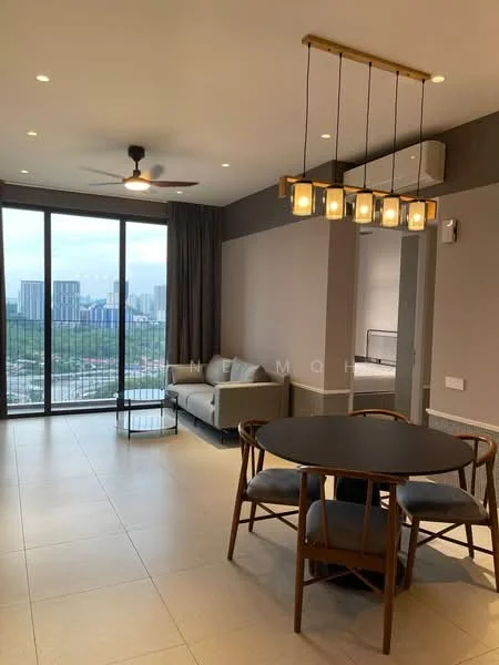 Dining features: round dining table, 3 dining chairs, pendant light fixture, floor-to-ceiling windows, city view, light grey walls, cream tiled flooring, ceiling fan; style: modern; view: city. Living features: 2-seater fabric sofa in light grey, side table, wall-mounted air conditioning unit, light grey curtains, neutral wall color, recessed downlights; style: modern; view: city.