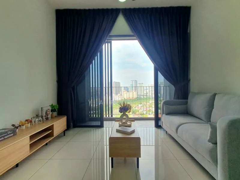 Living features: grey fabric sofa, wooden coffee table, TV console, floor-to-ceiling windows, blackout curtains, white painted walls, glossy tile flooring, decorative items on console, city skyline view; style: modern; view: city.