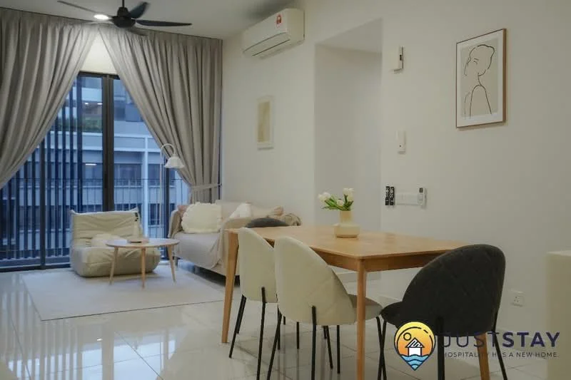 Living features: white painted walls, glossy tile flooring, 5-blade ceiling fan with light, floor-to-ceiling windows, sheer curtains, light-colored sofa with cushions, wooden dining table, upholstered dining chairs, decorative wall art, area rug, potted plant, air conditioning unit; style: modern; view: city.