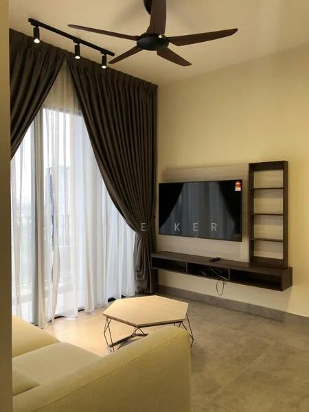 Living features: 5-blade ceiling fan with light, floor-to-ceiling windows, sheer curtains, dark wood TV console, wall-mounted TV, light-colored sofa, coffee table with geometric design, neutral wall color, tile flooring, recessed downlights; style: modern; view: city.