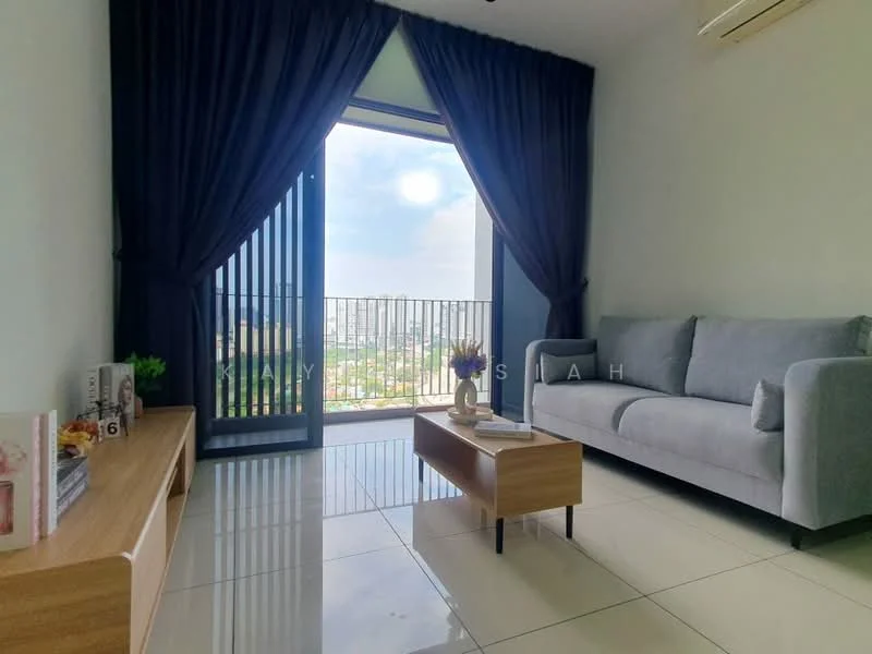Living features: grey fabric sofa, wooden coffee table, white walls, floor-to-ceiling windows, blackout curtains, glossy tile flooring, city view, air conditioning unit; style: modern; view: city.