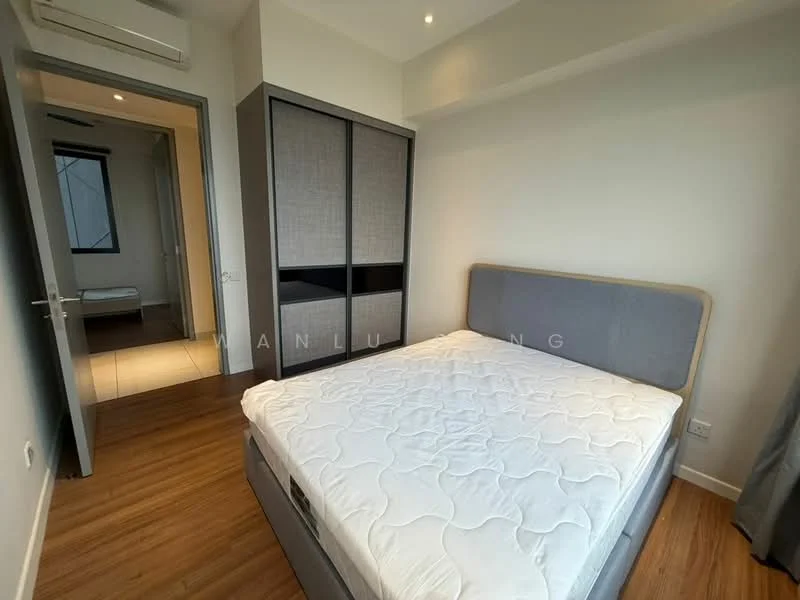 Bedroom features: queen-size bed, upholstered headboard, wooden flooring, built-in wardrobe with sliding doors, recessed downlights, floor-to-ceiling window, sheer curtains, neutral wall colour; style: modern.