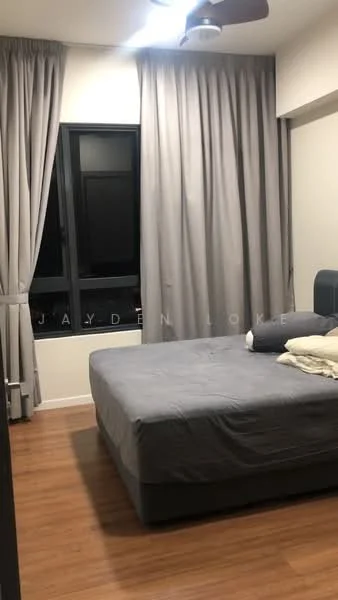 Bedroom features: queen-size bed, grey upholstered headboard, light grey bedding, wooden flooring, floor-to-ceiling windows, blackout curtains, 5-blade ceiling fan with light, decorative throw pillows; style: modern.