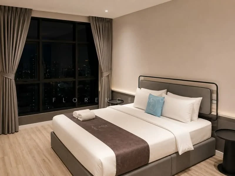 Bedroom features: king-size bed, upholstered headboard, white bedding, decorative throw pillow, nightstand, table lamp, floor-to-ceiling windows, curtains, wooden flooring, wall-mounted artwork, recessed ceiling lights; style: modern; view: city.