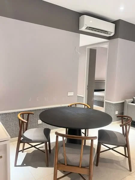 Dining features: round black dining table, 3 wooden dining chairs with grey upholstery, wall-mounted split AC unit, grey painted walls, tile flooring, light fixture on ceiling; style: modern.