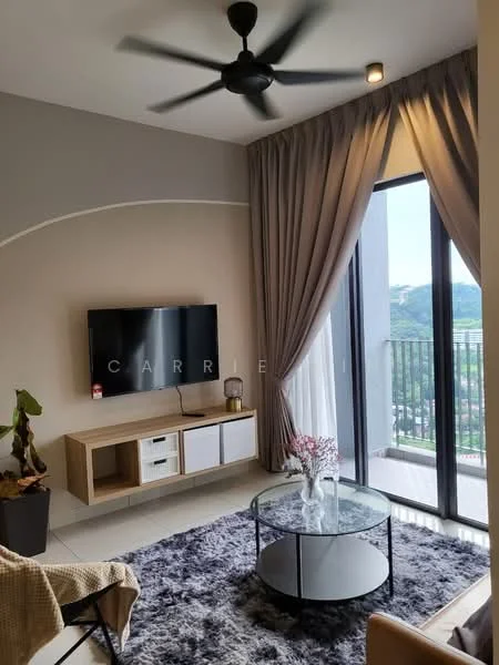 Living features: 5-blade ceiling fan with light, wall-mounted TV, wooden TV console with storage, round glass coffee table, area rug with geometric pattern, floor-to-ceiling windows, sheer curtains, balcony door, decorative houseplants, decorative vase with flowers; style: modern; view: mountain.