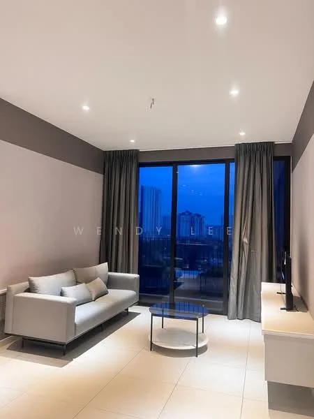 Living features: grey fabric sofa, coffee table, floor-to-ceiling windows, sheer curtains, recessed LED downlights, light-coloured tile flooring, accent wall in dark grey, TV console, wall-mounted TV; style: modern; view: city.