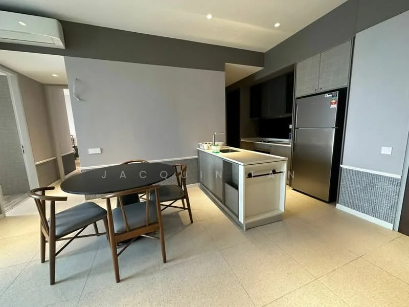 Kitchen features: island countertop with sink, stainless-steel fridge, built-in oven, freestanding range oven, grey cabinetry, white backsplash, pendant lighting, dining table with four chairs, tile flooring, wall-mounted split AC, open layout, recessed downlights; style: modern.