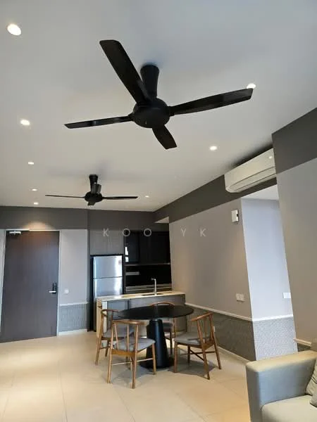 Living features: 2 ceiling fans, recessed downlights, wall-mounted split AC, grey painted walls, light-colored tile flooring, dining table with 4 chairs, stainless-steel fridge, open kitchen layout, kitchen island, sofa, decorative wall paneling; style: modern.