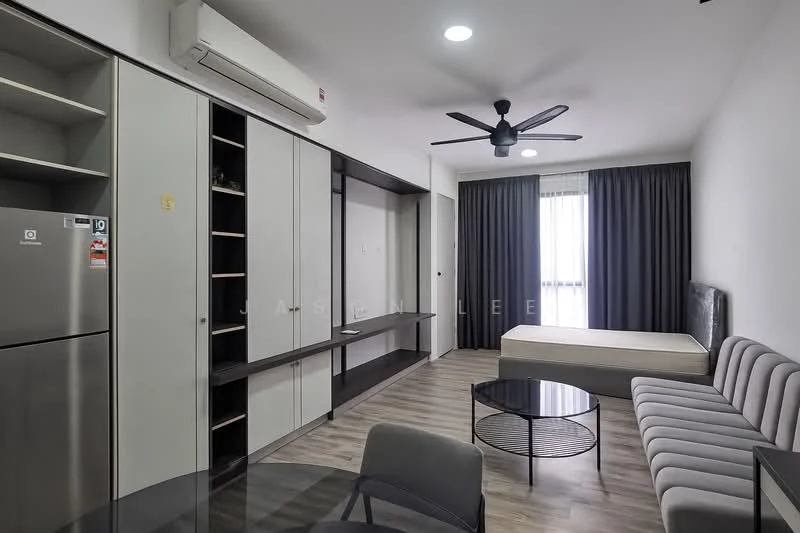 Living features: grey fabric sofa, round black coffee table, wall-mounted TV, built-in cabinetry with grey finish, stainless-steel fridge, 5-blade ceiling fan with light, floor-to-ceiling window with sheer curtains, laminate flooring, recessed downlights; style: modern.
