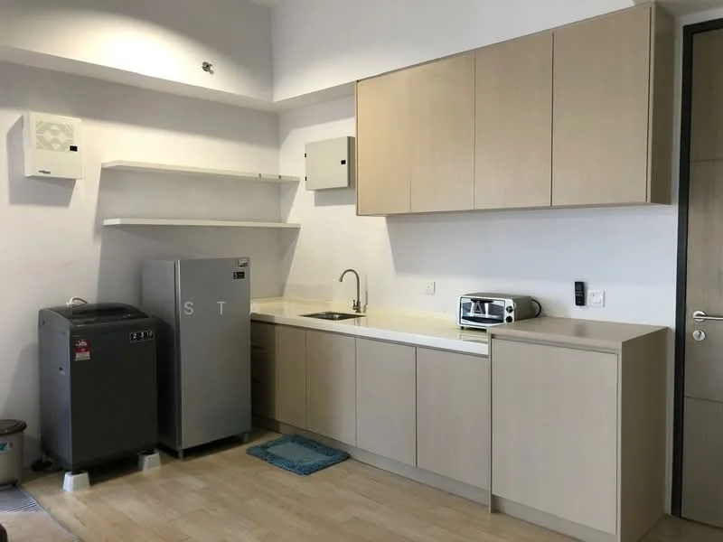 Kitchen features: light wood cabinetry, white countertop, single-bowl stainless-steel sink, chrome pull-down faucet, stainless-steel fridge, built-in microwave, toaster, washing machine, open shelving, vinyl plank flooring, wall-mounted electrical panel, blue mat; style: modern.