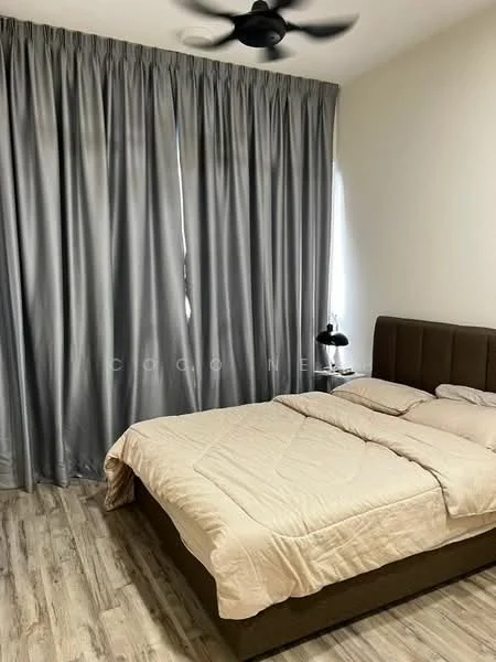 Bedroom features: king-size bed with beige bedding, upholstered headboard in brown, wooden flooring, floor-to-ceiling grey curtains, black bedside lamp, ceiling fan with light, decorative wall, window with natural light; style: modern.
