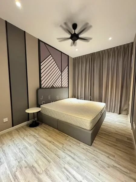 Bedroom features: queen-size bed frame without mattress, upholstered headboard, 2 bedside tables, ceiling fan with 5 blades, wooden flooring, grey accent wall, curtains, recessed lighting; style: modern.
