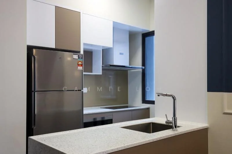 Kitchen features: stainless-steel fridge, single-bowl stainless-steel sink, chrome pull-down faucet, quartz countertop, white cabinetry, built-in oven, ceramic tile backsplash, wall-mounted range hood, open shelving, window with view, light-colored walls; style: modern.