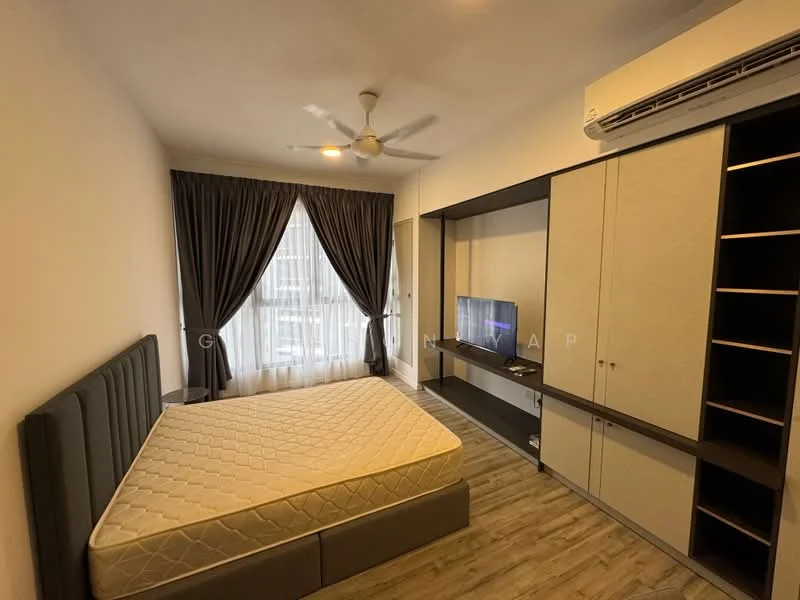 Bedroom features: queen-size bed frame without mattress, 5-blade ceiling fan with light, floor-to-ceiling windows, sheer curtains, dark grey upholstered headboard, built-in wardrobe with sliding doors, TV console with wall-mounted TV, laminate flooring, neutral painted walls, recessed lighting; style: modern.