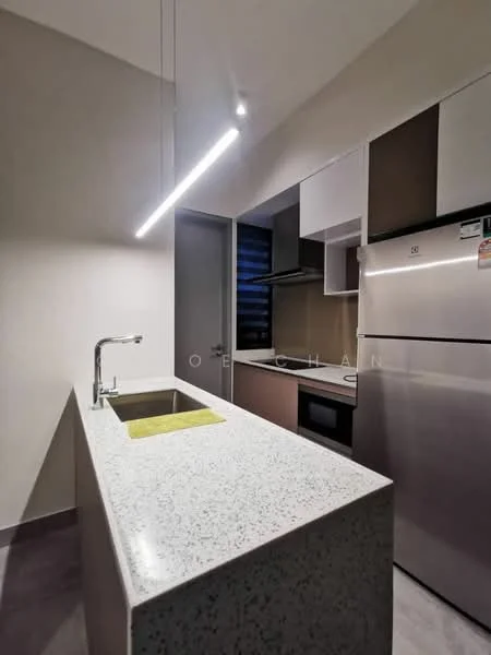 Kitchen features: grey speckled granite countertop, single-bowl stainless-steel sink, chrome pull-down faucet, built-in oven, freestanding range oven, stainless-steel fridge, flat-panel cabinetry in beige and white, recessed LED downlights, pendant light fixture, window with black frame; style: modern.