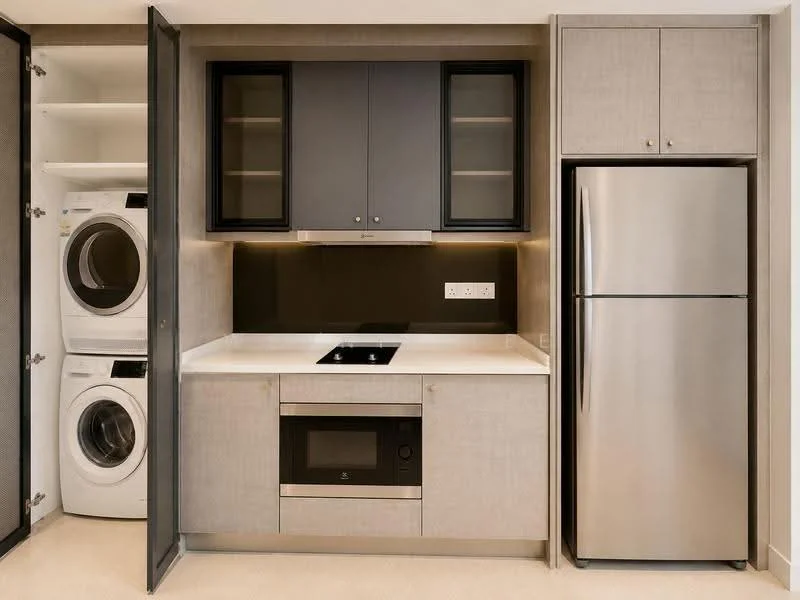 Kitchen features: grey cabinetry with glass-front upper cabinets, white quartz countertop, built-in microwave, stainless-steel range hood, 4-burner induction hob, stainless-steel fridge, stacked washer and dryer, black backsplash, recessed downlights; style: modern.