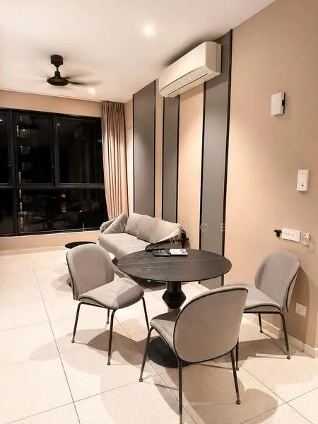 Living features: 5-blade ceiling fan with light, wall-mounted split AC, floor-to-ceiling windows, grey fabric sofa, round black dining table, 4 upholstered dining chairs, cream painted walls, tile flooring, curtains, decorative wall panels; style: modern.