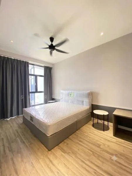 Bedroom features: queen-size bed, upholstered headboard, wooden bedside table, ceiling fan, floor-to-ceiling window, grey curtains, light wood flooring, wall-mounted light fixture, built-in wardrobe; style: modern.