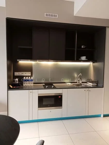 Kitchen features: black upper cabinets, white lower cabinets, black countertop, stainless-steel sink, chrome faucet, built-in microwave, glass backsplash, under-cabinet lighting, open shelving, tile flooring; style: modern.