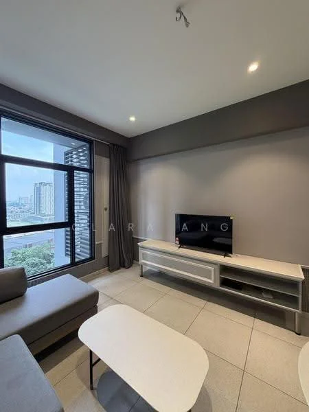 Living features: grey fabric sofa, white coffee table, TV console, wall-mounted TV, floor-to-ceiling windows, curtains, recessed downlights, tile flooring, grey accent wall; style: modern; view: city.