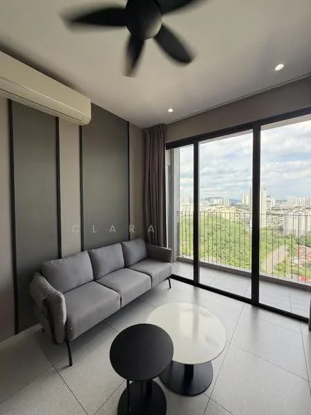 Living features: 3-seater fabric sofa in grey, 2 round coffee tables in black and white, floor-to-ceiling windows, curtains, wall-mounted split AC, ceiling fan, light grey tiled flooring, accent wall with vertical stripes; style: modern; view: city.