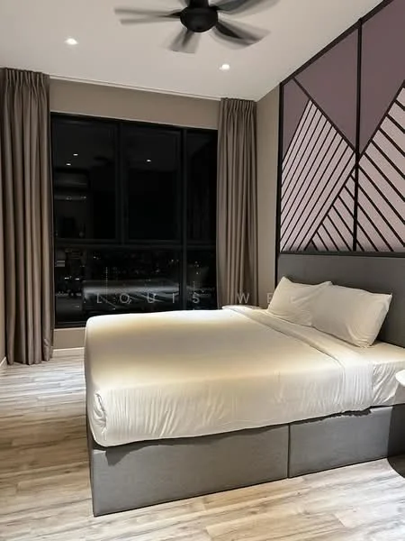 Bedroom features: king-size bed, upholstered headboard, bedside table, floor-to-ceiling windows, sheer curtains, dark curtains, 5-blade ceiling fan, wooden flooring, decorative accent wall with geometric pattern, wall-mounted light fixtures; style: modern; view: city.