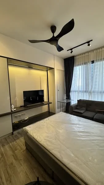 Bedroom features: queen-size bed, upholstered headboard, 2-seater fabric sofa in grey, wall-mounted TV, TV console, ceiling fan with 3 blades, floor-to-ceiling windows, sheer curtains, dark curtains, wooden flooring, built-in wardrobe, decorative wall paneling, LED strip lighting; style: modern; view: city.