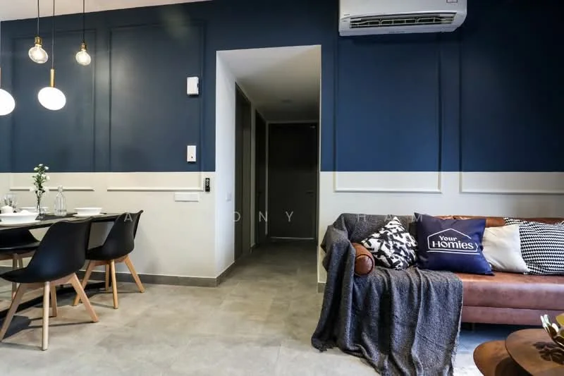 Living features: dark blue accent wall, white wainscoting, grey tile flooring, 3-seater brown leather sofa, decorative throw blanket, decorative cushions, wooden coffee table, dining table with black chairs, pendant lighting, wall-mounted air conditioning unit, floor-to-ceiling windows, open layout, neutral decor; style: modern. Room features: grey door, neutral walls, unknown flooring.