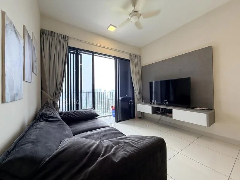 Living features: 3-seater fabric sofa in dark grey, wall-mounted TV, TV console with white cabinetry, floor-to-ceiling windows, sliding glass door, curtains, ceiling fan, tile flooring, decorative wall art, view of city skyline; style: modern; view: city.