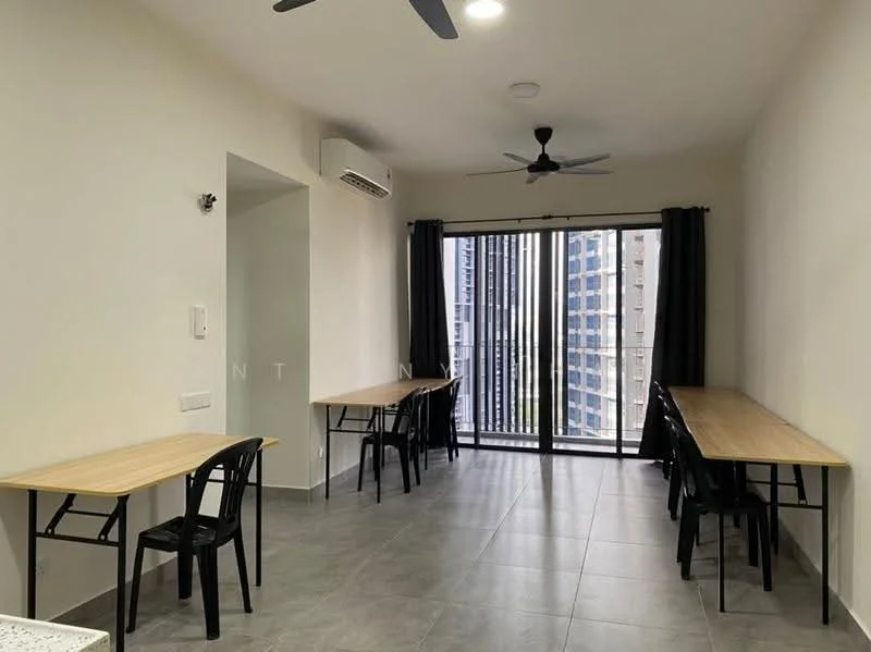 Room features: light grey tiled flooring, white painted walls, ceiling fan with light, 2 large windows with black frames, black curtains, 2 wooden tables, black metal chairs, wall-mounted air conditioning unit; style: modern; view: city.